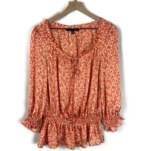 Cynthia Steffe Lightweight Satin Orange Print Peplum Long Sleeve Blouse Top S